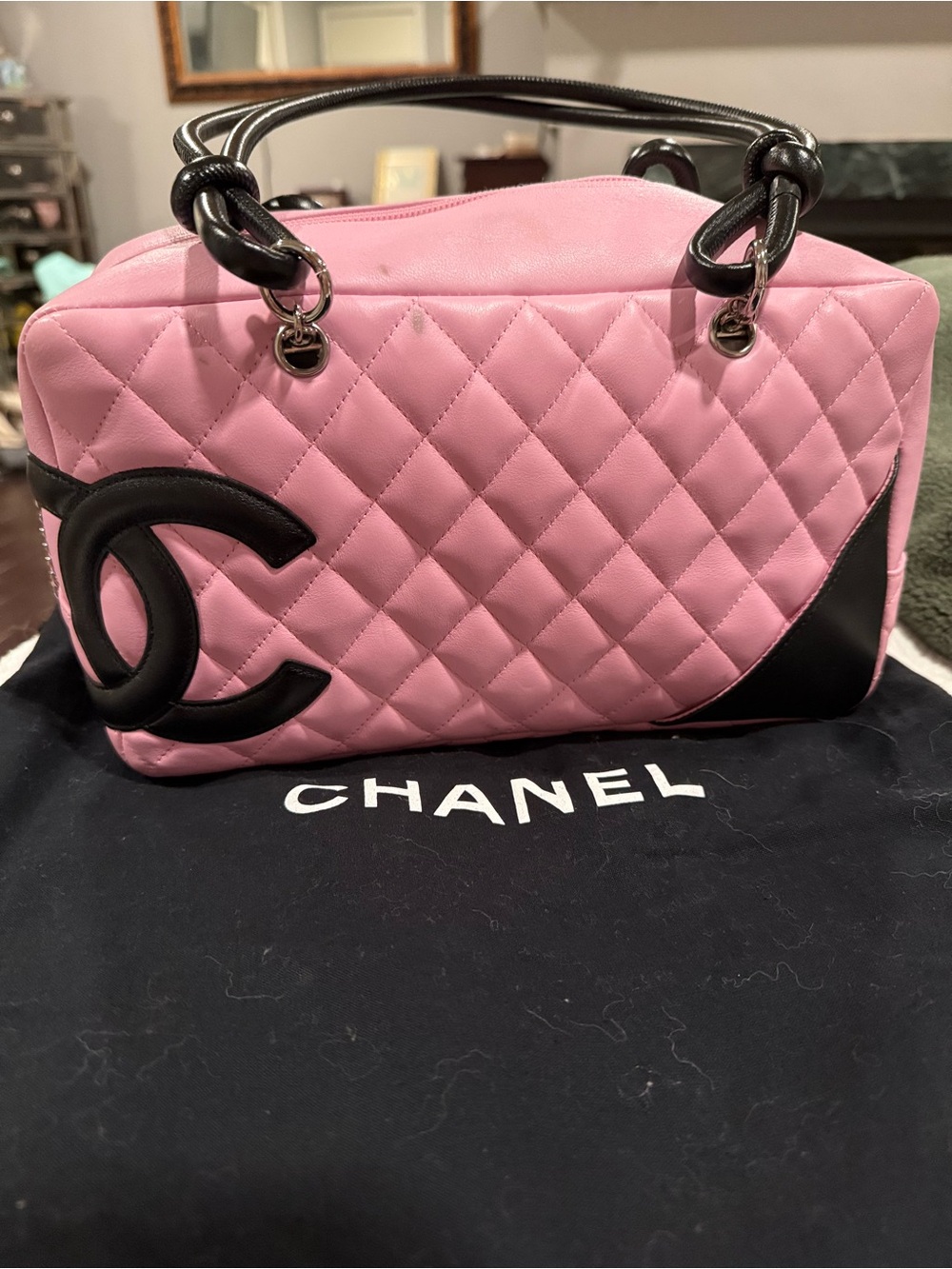 CHANEL Pink Quilted Leather Shoulder Bag with Black Trim